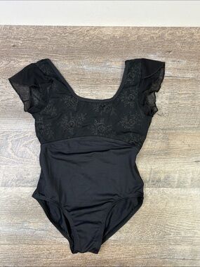 Suffolk Black Embroidered Flutter Sleeve Leotard | Adult Small